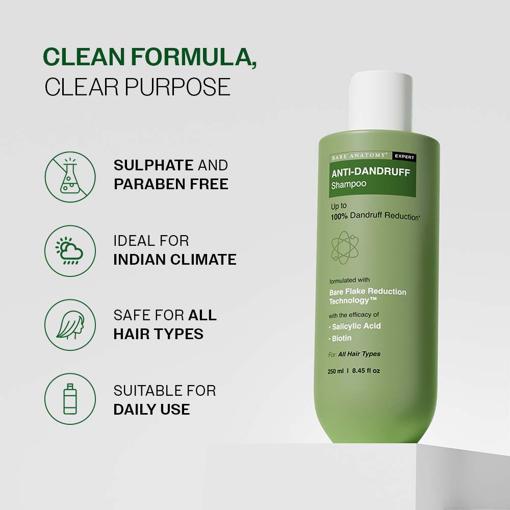 Bare Anatomy Expert Anti-Dandruff Shampoo Targets Oily Scalp And Sheds Dry Flakes Clears away dandruff flakes Relieves from excessive oil 8.4 Ounce