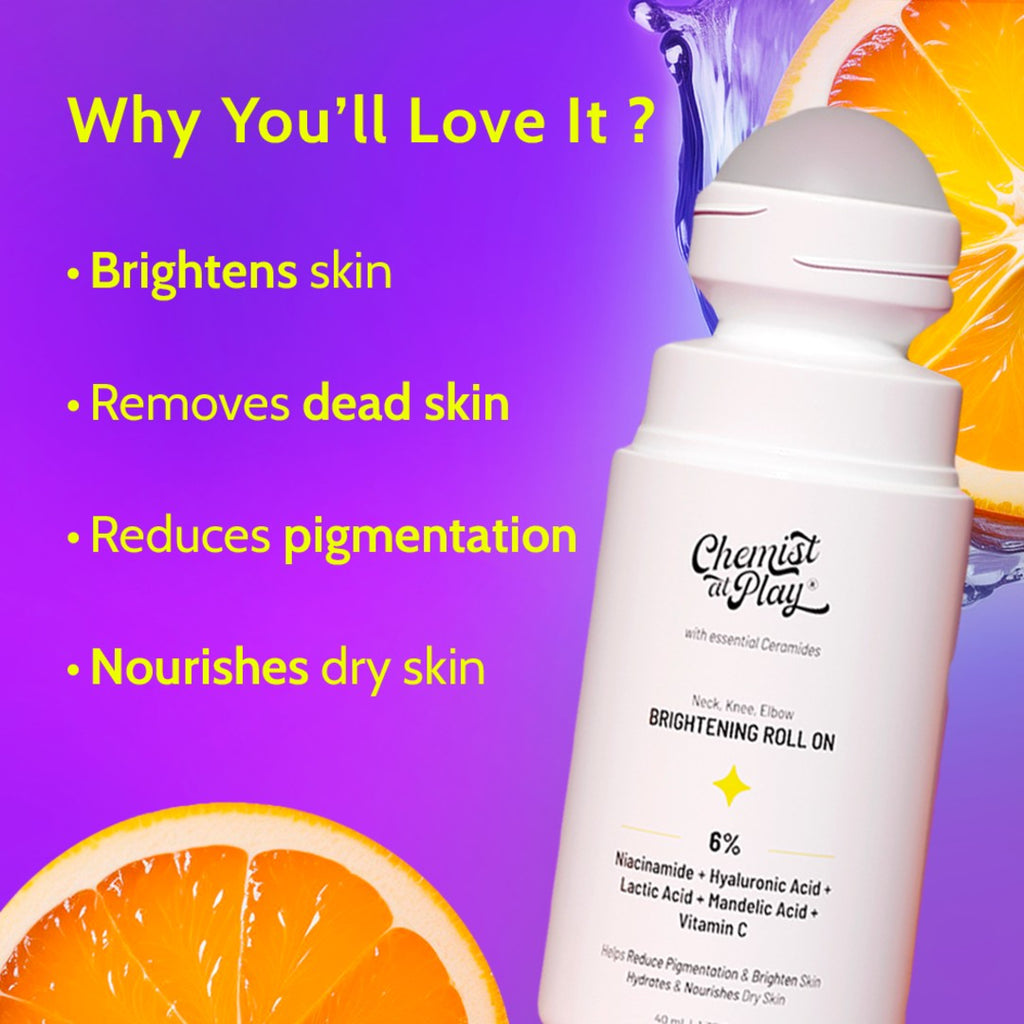 Chemist at Play Roll On Serum For Neck, Knee & Elbow With 6% Vitamin C+ Hyaluronic Acid + AHAs + Niacinamide + Ceramides | Exfoliates, Removes Pigmentation, and Hydrates Dry Skin | 1.4 fl oz.