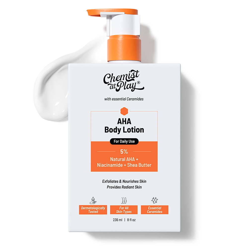Chemist at Play AHA Body Lotion with 5% Natural AHA, Niacinamide, Shea Butter | For Exfoliating Dry & Dead Skin Cells, Deep Nourishment & Radiant Skin | Skin Brightening Lotion | 236ml